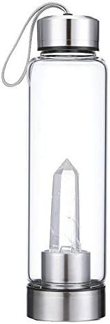 KINO Natural Crystal Point Wand Energy Reiki Healing Crystal Quartz Glass Water Bottle Portable Leak Proof Gemstone Cup, Amethyst/Rose Quartz/Fluorite/Clear Crystal