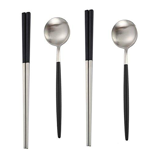 MBB 2 Pairs of Chopsticks & 2 Spoons Flatware set Dinner Stainless Steel - Black Silver