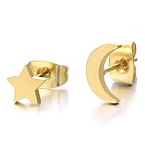 Pair Gold Color Moon and Star Stainless Steel Plain Stud Earrings for Women and Girls