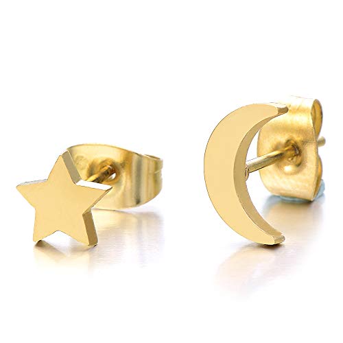 Pair Gold Color Moon and Star Stainless Steel Plain Stud Earrings for Women and Girls