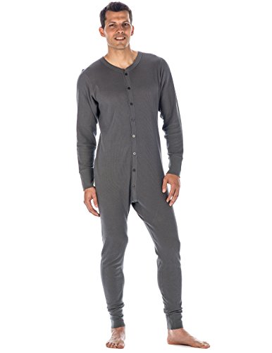 Mens Union Suit - Waffle Knit Thermal Mens Onesie Pajamas - Charcoal - Medium - Thumbnail 4