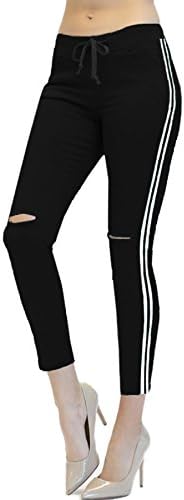 TwiinSisters Women's Destroyed Side Stripe Jogger pants with Spandex, Large, Black/White Stripe RJJ2032
