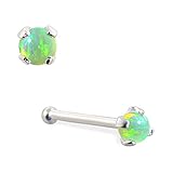14K White Gold (Nickel Free) Nose Bone With 2Mm Round Green Opal, 22 Ga