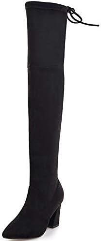 KingRover Women's Simple Over The Knee Back Lace Thigh High Comfy Vegan Suede Chunky Heel Boots