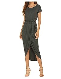 Qearal Vestido corto con cinturón   manga larga de 3 4 Vestido largo largo con abertura en la cintura elástica