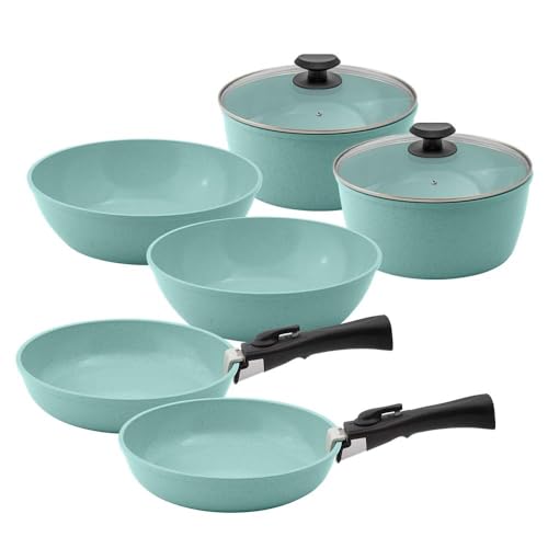 JadeCook Bateria de Cocina Jade Smart de 10 Piezas Recubrimiento Antiadherente con Mango Removible Sarten 20 cm Cacerola 20 cm Wok 24 cm Libre de Toxicos Set de Ollas para Cocina