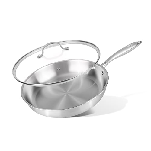 nuovva Stainless Steel Frying Pan – Induction Hob Non Stick Chefs Pan – 30cm Pan with Glass Lid