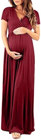 Women's Pregnancy Gown Cross-Front V-Neck Short Sleeve Dress Maternity Loose Plain Maxi Dress