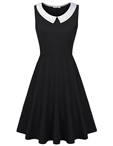 KASCLINO Sleeveless Casual Dress, Women's Lapel Summer Casual Elegant Party Dresses with Pockets Black S