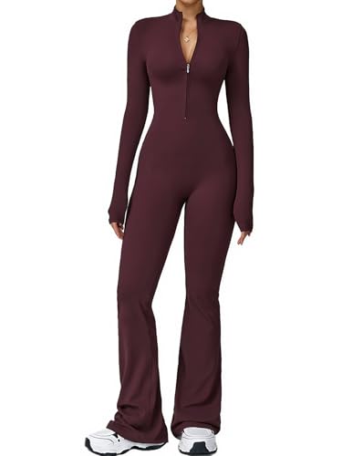 Ecupper Women's Jumpsuit with Long Sleeves, Slit Bottom, Zipper, Jumpsuit, Full Bodysuit, Yoga Unitard, Wide Legs and Sexy