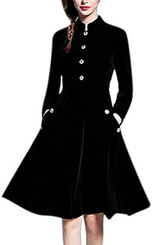 Withchic Women's Fashion Winter Black Long Sleeve Velvet Warm A-Line Midi Dress (M)