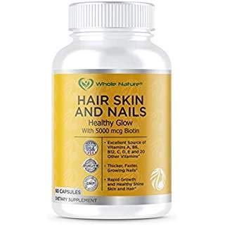 Hair Skin Nails and Vitamins Supplement 60 Capsules with MSM, Biotin 5000 mcg for Hair Growth Healthy Natural Collagen Growth Glowing Skin Shine Strong Nails for Men Women Energy Resilience Strength