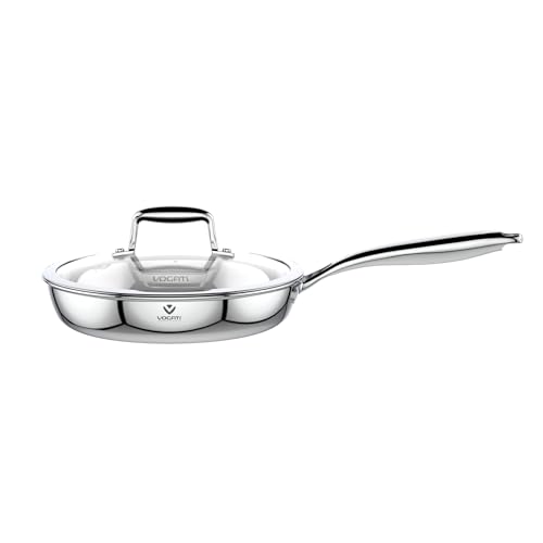 VOGATI FRY PAN 24CM TRY-PLY STAINLESS STEEL (3 LITRES) WITH GLASS LID -WELDED HANDLE-INDUCTION COMPATIBLE COVERED PAN-SHALLOW CASSEROLE - (100% PFOA FREE) (3 Litres)