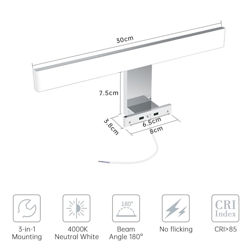 Aogled LED Bathroom Mirror Light 30 cm 5 W 500 LM 230 V Neutral White 4000 K, Stainless Steel Slim Light Bathroom Mirror, Mounting Plate on Mirror/Cabinet/Wall Lighting 300 mm