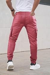 GINGTTO Mens Red Faux Leather Cargo Pants Slim Fit
