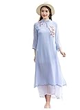 Womens Loose Chinese Wind Embroidered Fake Two Piece Split Long Linen Dress