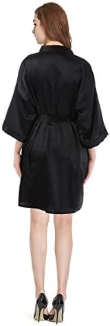 Lilywei Women's Solid Color Satin Lounge Robe Kimono Mid-Length Nightwear With 1/2 Sleeves For Spa Wedding Party (Large, Black)