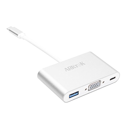 USB C to VGA 3-in-1 Multi-port Adapter, ARKTEK Type C(male) to VGA Converter with USB 3.0 Port & USB C (female) Recharging Port for MacBook Series Chromebook Pixel and more (Aluminum Case, Silver)