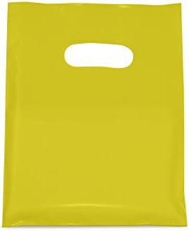 Glorifiv 100 Pcs Strong and Durable 1.25 Gauge, 12”x15” Glossy Yellow and Green Plastic Merchandise Bags, Retail Shopping Bags, Festival and Party Gift Bags with Die Cut Handles