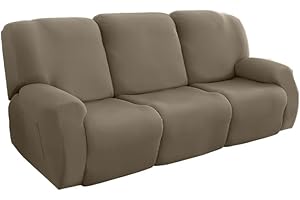 FIGOOO Recliner Sofa Slipcover 3 Seats Stretch Recliner Chair Covers Non Slip Spandex Pattern Recliner Cover with Pockets Reclining Couch Covers Furniture Protector for Dogs Cats,Gray-Brown