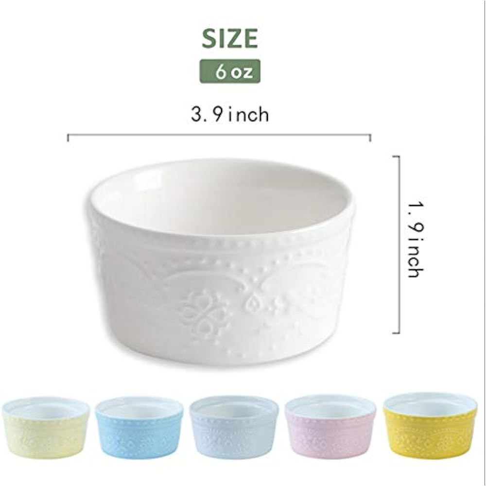 Porcelain Embossed Ramekins Souffle Bowls Dishes, 6 Oz Pudding Cup For