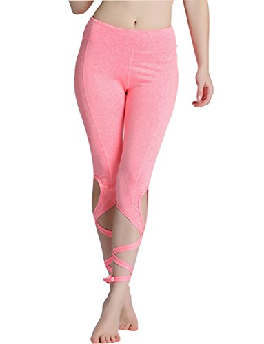 OVESPORT Women Yoga Leggings High Waist Workout Dance Pants with Ballet Ribbon (2088S, Pink) - Thumbnail 7
