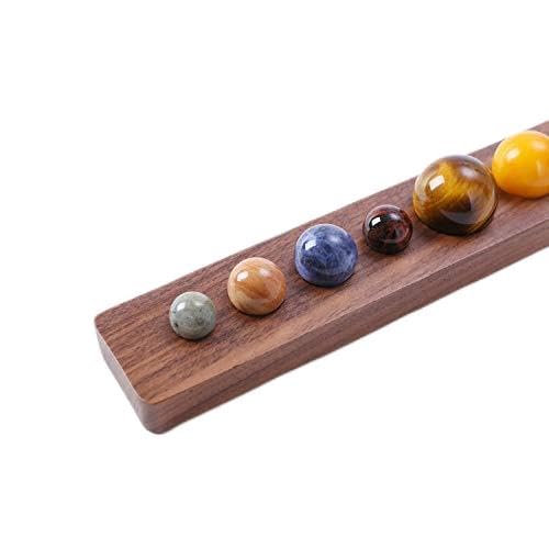Zhi Jin Set of 8 Different Natural Gemstone Planets Rocks Crafts with Black Walnut Tray Handcrafted Decorative Present