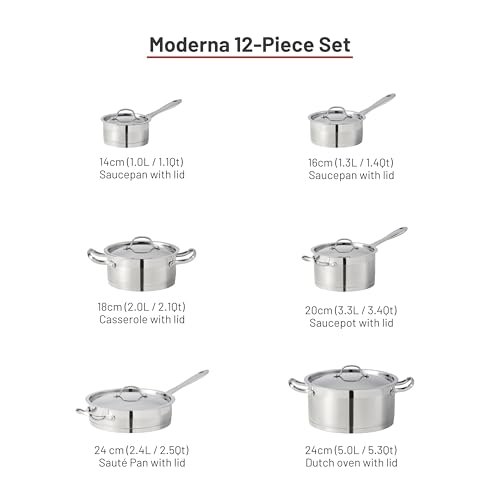 Lagostina Moderna 12-Piece Stainless Steel Cookware Set, Commercial Capsule Base, Induction Safe Pots and Pan Set Includes Saucepan, Casserole, Dutch Oven & Lids, Oven Safe up to 400°F / 204ºC