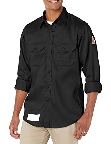 Bulwark Flame Resistant 6 oz Cotton/Nylon Excel FR ComforTouch Regular Uniform Shirt with Straight Back Yoke, Topstitched Cuff, Navy, Large