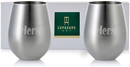 His/Hers or His/His or Hers/Hers: Set of 2 Stemless Stainless Steel Engraved Unbreakable and Shatterproof 18 oz Wine Glasses (Hers and Hers)