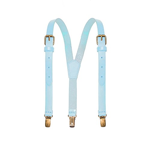 Leather Suspenders, Mens Suspenders with Adjustable Elastic Strap, Great for Casual & Formal Attire, Button Suspender Made with Genuine Leather (Kids, Baby Blue)