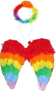 Rainbow Pride Wings and Halo Set - Pack of 1 - Rainbow Feather Wings with Matching Light-Up Halo - Perfect Accessory for Pride Month, Pride Marches and Pride Events