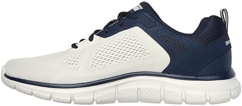 Seguimiento Más Amplio, Zapatillas de Deporte Hombre, Malla de Poliuretano de Ingeniería Blanca Rota con Ribete Azul Marino, 43 EU