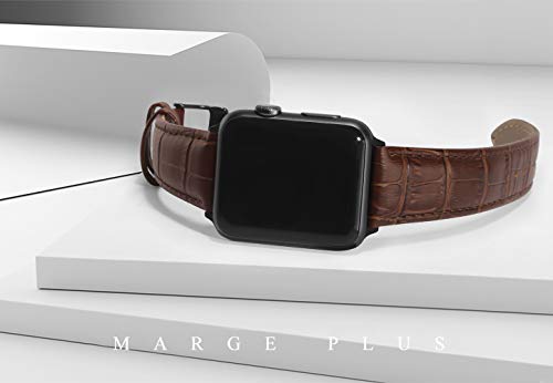 MARGE PLUS Compatible with Apple Watch Band 44mm 42mm, Alligator Grain Calf Genuine Leather Strap Replacement for iWatch Series 5/4/3/2/1 Sport and Edition, Brown