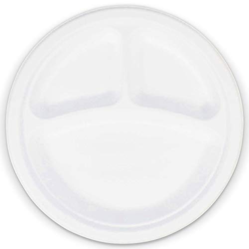 [125 Pack] 9 Inch Bagasse Compostable Plates - 3 Compartment Divided Plates, Round White Disposable Biodegradable Sugarcane, Heavy Duty Microwavable Paper Plastic Foam Alternative for Dinner Wedding