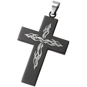 Black Stainless Steel IP Cross Pendant with Scroll Work. 