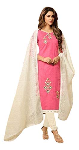 Women's Cotton Silk with Embroidery Pink Dress Material