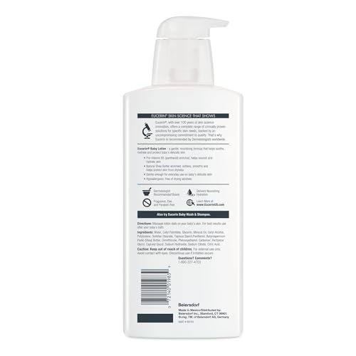 EUCERIN BABY BODY LOTION, HYPOALLERGENIC AND FRAGRANCE FREE BABY LOTION WITH PRO-VITAMIN B5 AND SHEA BUTTER, 13.5 FL OZ BOTTLE