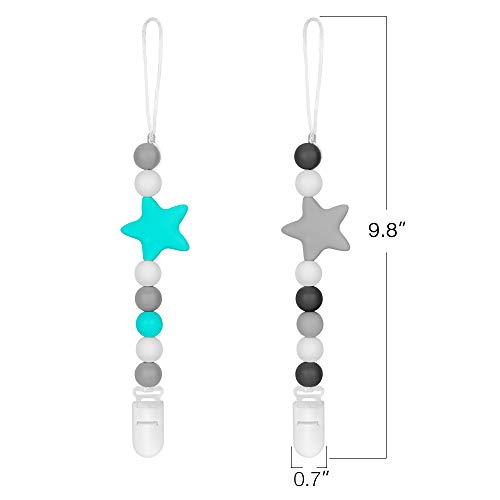 Pacifier Clips, Komake 2 in 1 Teether Pacifier Clip Chewable Silicone Teething Beads BPA Free Binky Holder for Girls, Boys, Teether Toys, Soothie, Mam, Drool Bibs, 2 Pack (Green, Gray)