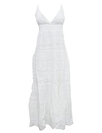 Mogul Women's Sundress Dress White Cotton Peasant Boho Chic Long Maxi Dresses XS