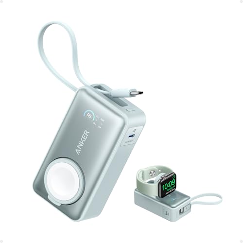 Anker MagGo Powerbank für Apple Watch, offiziell Zertifiziert, 10.000mAh kompaktes Akkupack mit integriertem USB-C-Kabel, 35W Max., für iPhone 17/16/1