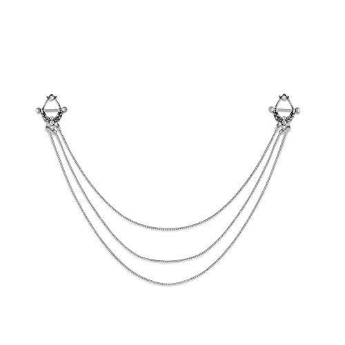 Painful Pleasures 14g 18mm Stainless Steel Nipple Barbells with Triple Chained Nipple Shields - Burnished Silver-Cast Brass Laurel Shield Design with Crystal Jewel