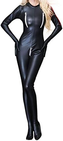 YouYayaZai Women Faux Leather Jumpsuits Club Party Catsuit Teddy Clubwear Long Sleeve Bodysuit