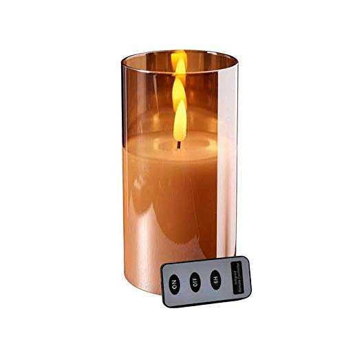 LED Candle in Glass - with Remote Control and Timer - Diameter 10 cm - Realistic and Flickering Flame - Christmas Decoration (Amber, Height: 20 cm)