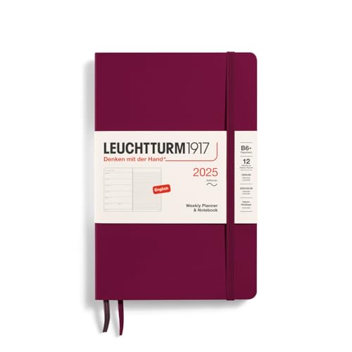 LEUCHTTURM1917 370654 Weekly Calendar & Notebook 2025, Paperback B6+ Softcover - 12-Month Planner, Lined - Port Red, English