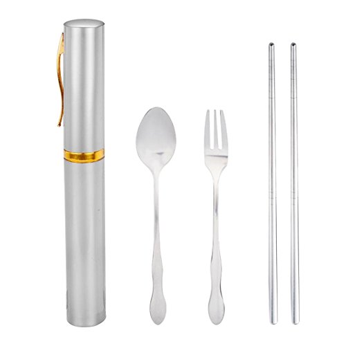 Fheaven (TM) Portable Folding Dinnerware Set Stainless Steel Fork Spoon Chopsticks Tableware Camping Tools for Travel + Case (Silver)
