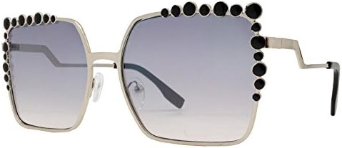 Oversize CLASSIC VINTAGE RETRO Square Round studded Accent Trim sunglasses (Silver, Black)