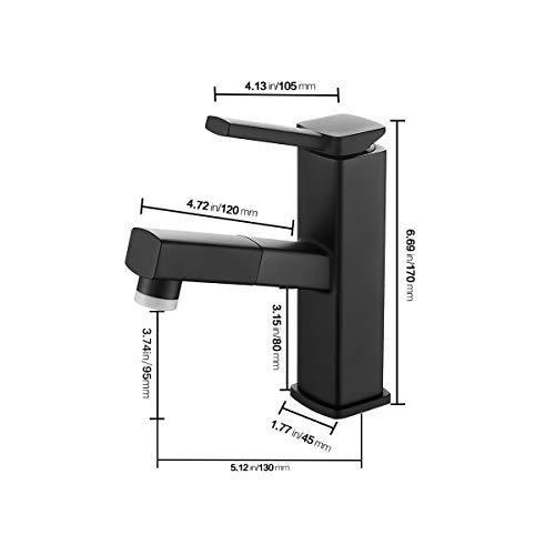 KAIYING Pull Down Bathroom Sink Faucet, Modern Lavatory Vessel Sink Faucet, Utility Single Hole Kitchen Sink Faucet with Pull Out Sprayer, Commercial Basin Mixer Tap, Brass (Regular, Black)