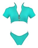 RUUHEE Women Rash Guard Short Sleeve Bathing Suits High Waist 2 Piece Sporty Bikini