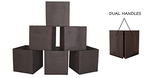 DUAL HANDLE by ADORN, Foldable Cloth Storage Cube Basket Bins Organizer Containers Drawers, 6 Pack -- Brown